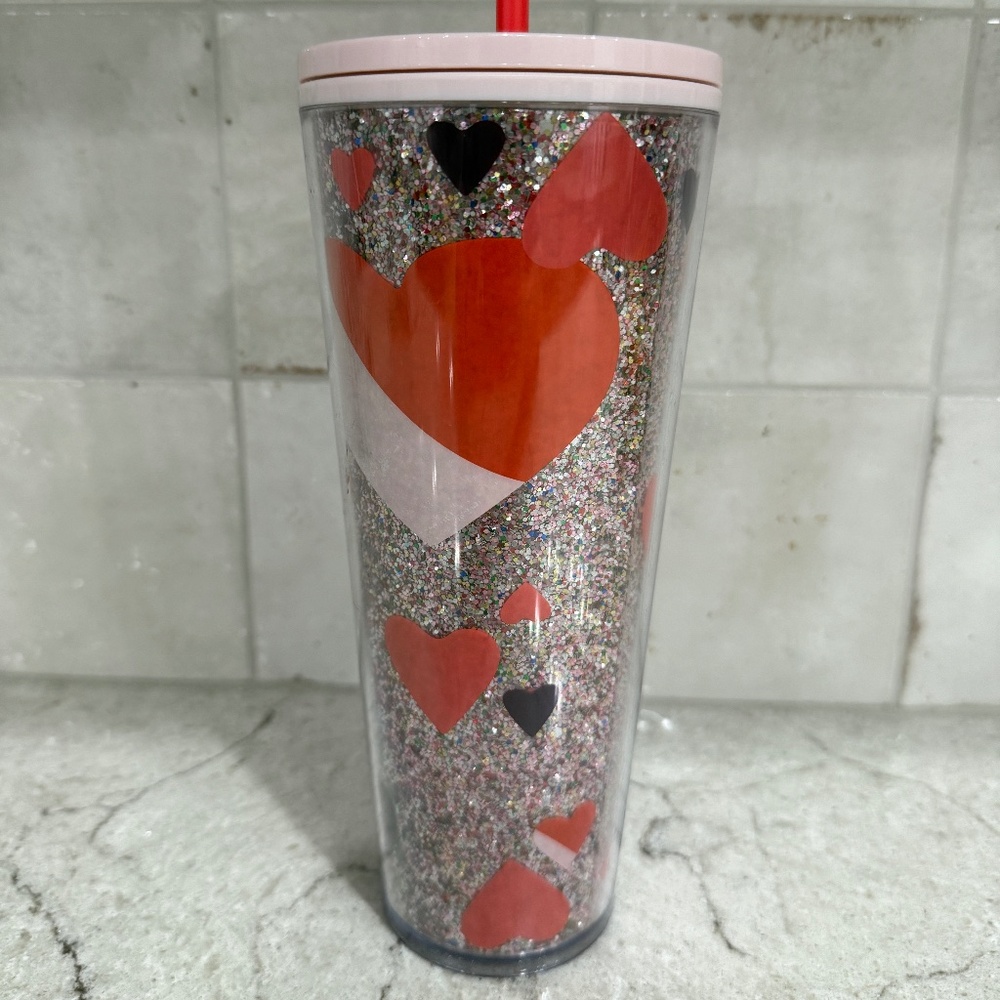 NEW Starbucks Glitter Valentine's Day Hearts 24oz Tumbler Cold Cup 2021 Pink